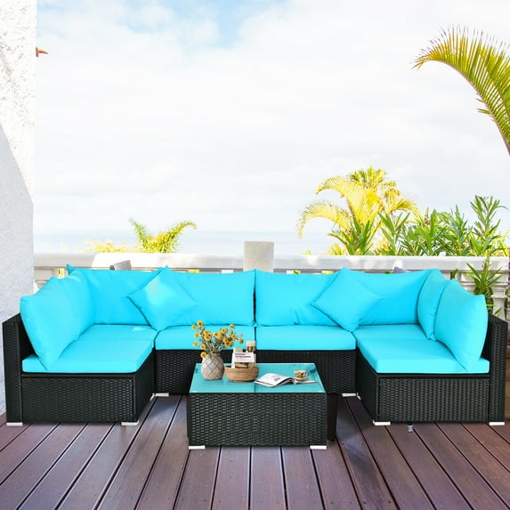 Gymax 7PCS Patio Rattan Sectional Furniture Set Conversation Set w/ Cushion Blue