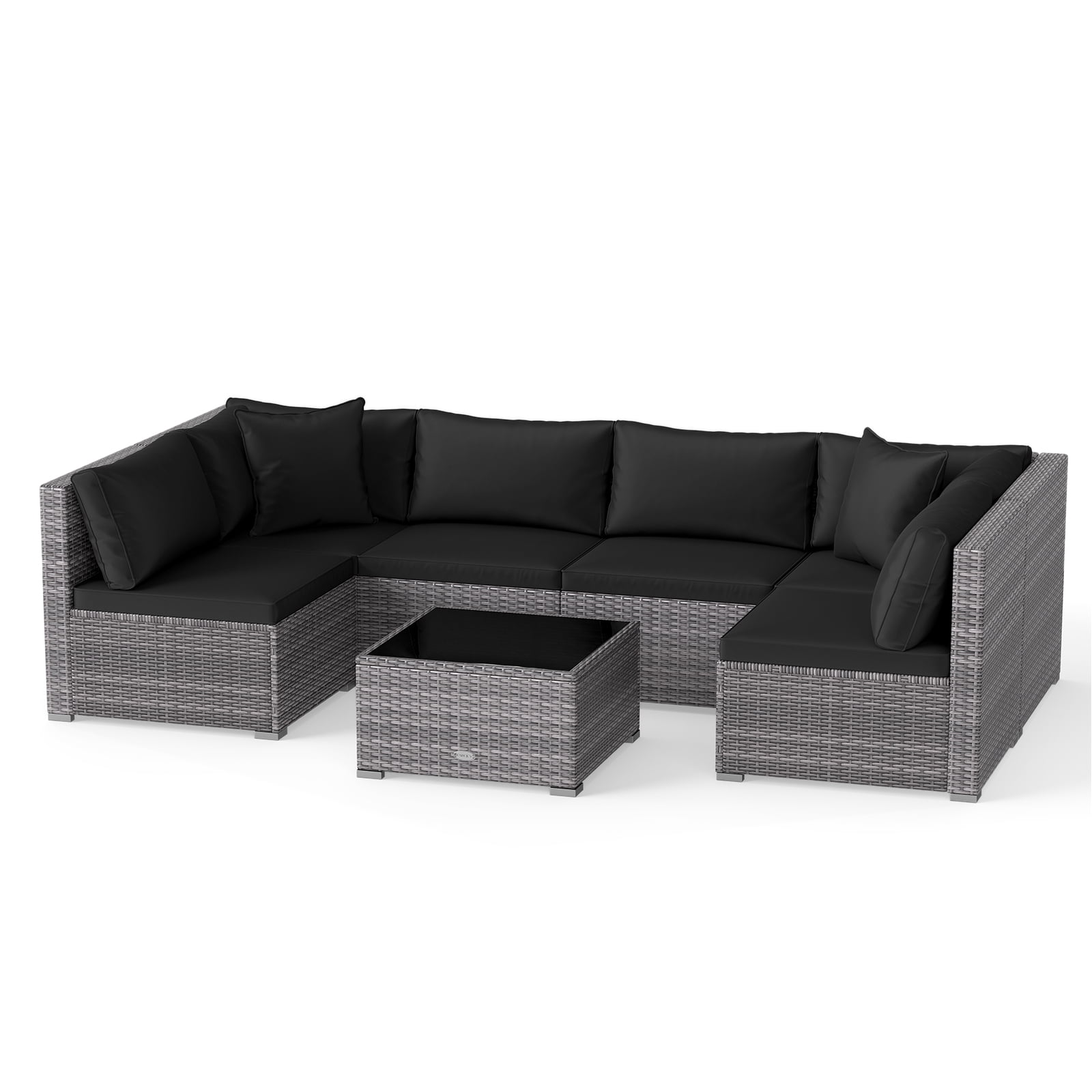 Gymax Set of 7 Patio Furniture Set PE Rattan Sectional Sofas w/ Tempered Glass Coffee Table Black