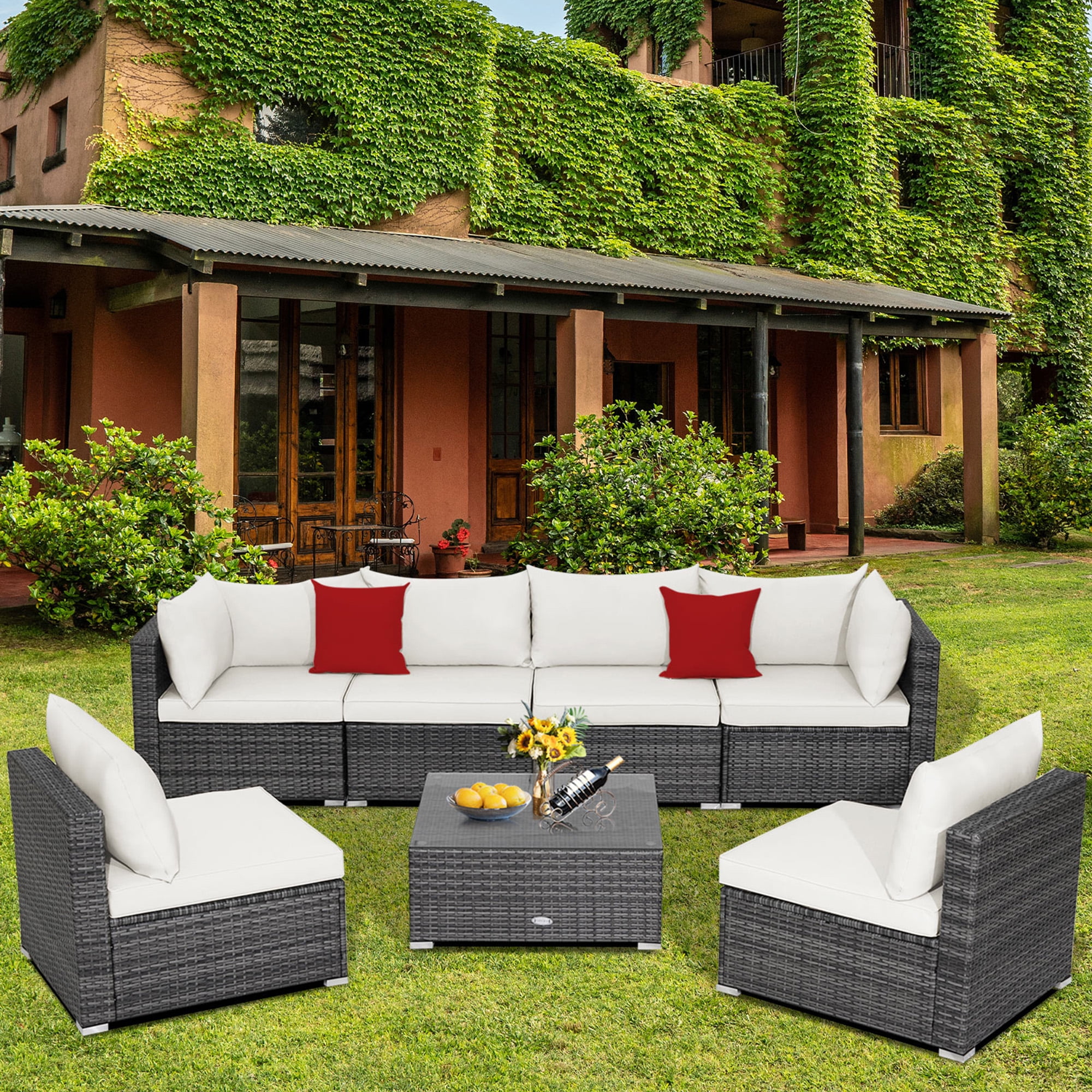 Gymax 7PCS Outdoor Seating Patio Rattan Sectional Sofa Set w/ Off White