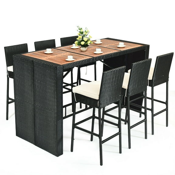 Gymax 7PCS Patio Rattan Wicker Dining Furniture Set Bar Set w/ 6 Stools Wood Table Top