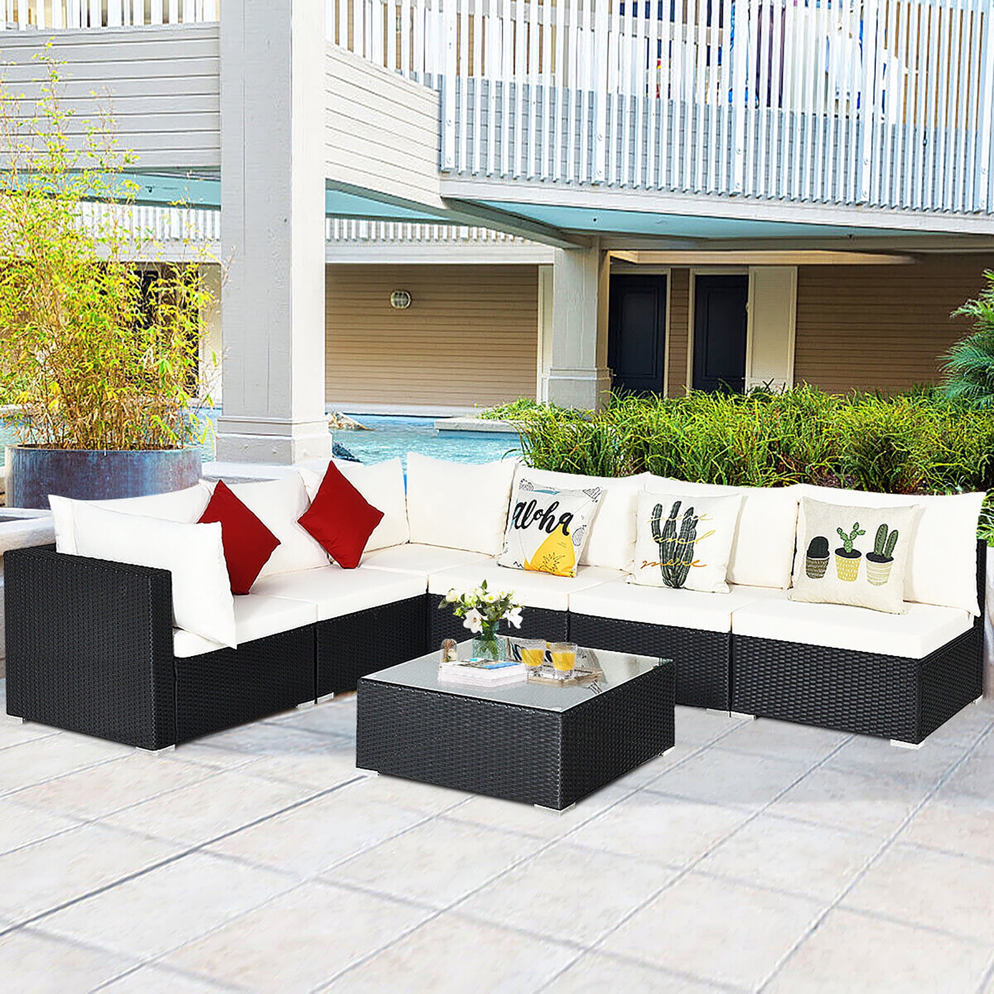 Gymax 7PCS Rattan Patio Conversation Sectional Furniture Set w/ Cushion