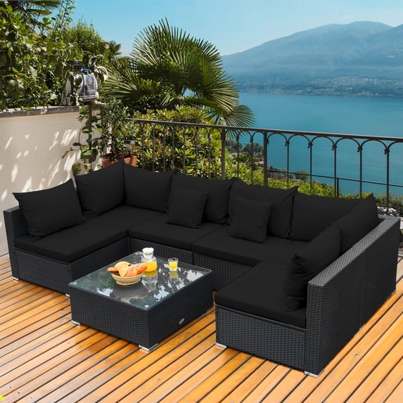 Gymax 7PCS Rattan Patio Conversation Set Sectional Furniture Set w/ Black Cushion