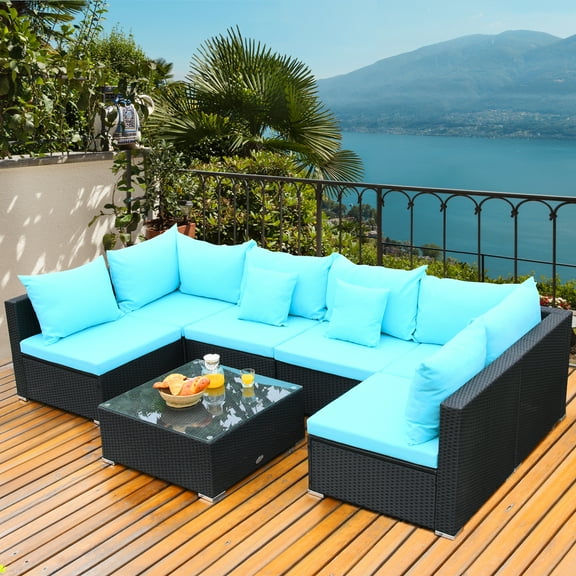 Gymax 7PCS Rattan Patio Conversation Set Sectional Furniture Set w/ Blue Cushion