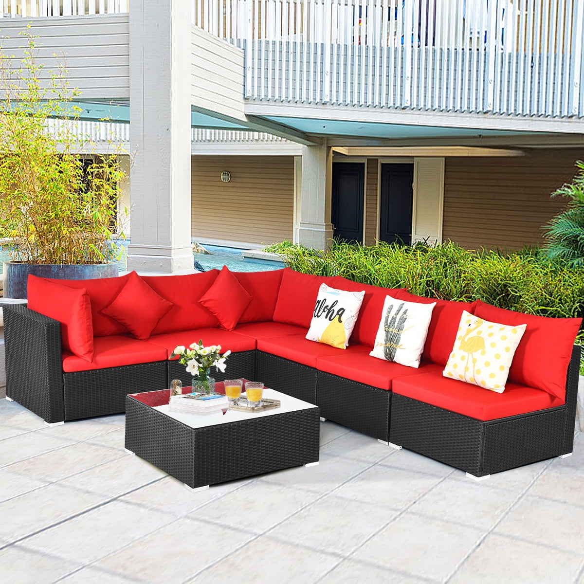Walmart savings: Gymax 7PCS Outdoor Rattan Patio Conversation Set, Sectional Sofa Furniture with Table, Red Cushion