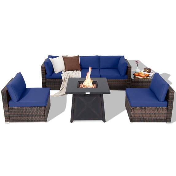 Gymax 7PCS Rattan Patio Sectional Furniture Set w/ 30'' Fire Pit Table & Navy Cushion
