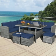 Gymax 7PCS Rattan Patio Sectional Sofa Set Conversation Set w/ Navy Cushions