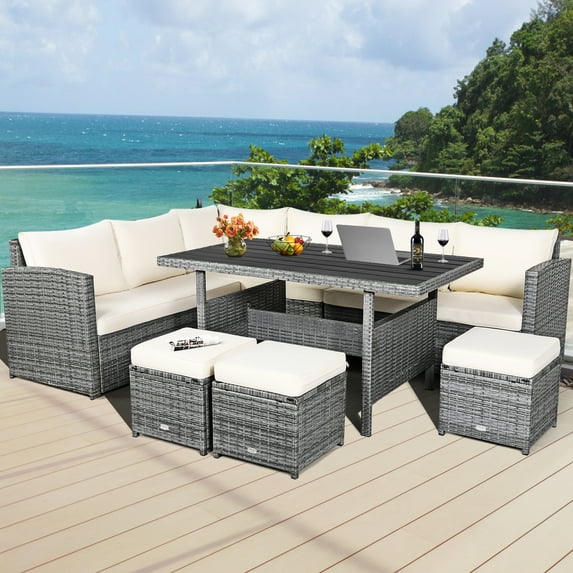 Gymax 7PCS Rattan Patio Sectional Sofa Set Conversation Set w/ White Cushions