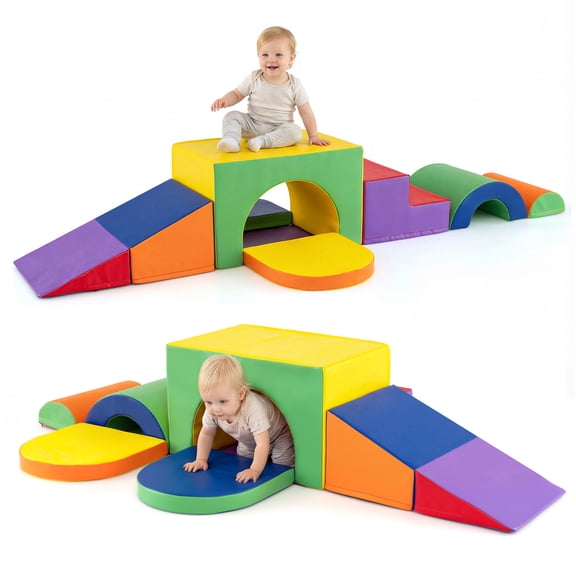 Gymax 7PCS Soft Foam Climbing Blocks Set w/Slide & Tunnel Waterproof & Easy to Clean