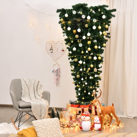 Gymax 7ft Artificial Upside Down Christmas Tree Holiday Decoration w/ Metal Stand