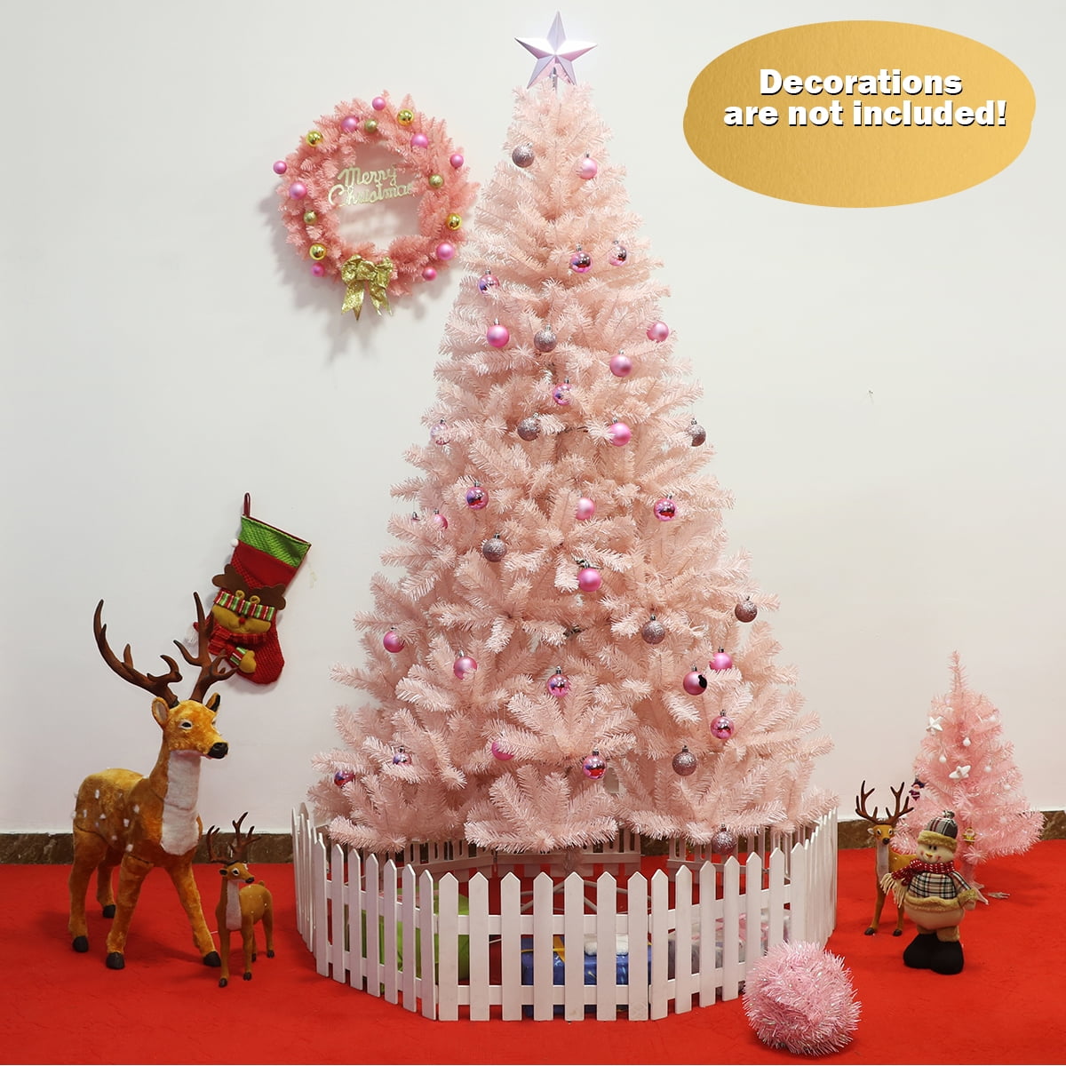 Gymax 7ft Pink Classic Pine Christmas Tree Artificial Hinged Tips (Pink ...