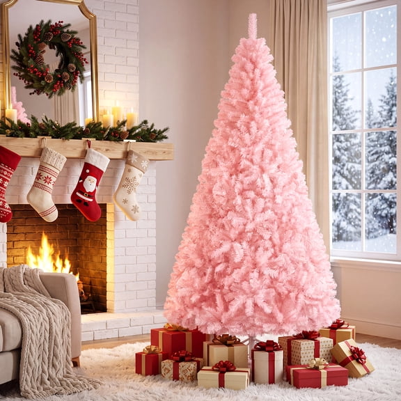 Gymax 7 FT Pink Artificial Christmas Tree w/ Easy-Setup Hinges Unlit Realistic Xmas Tree w/ 937 Vivid PVC Branch Tips Foldable Sturdy Metal Stand Indoor Home Office Holiday Seasonal Decoration Pink