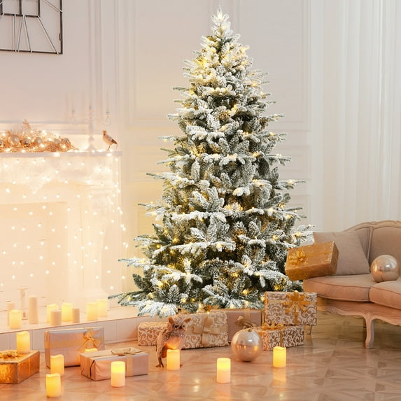 Gymax 7ft Snow Flocked Decoration Christmas Tree w/LED Lights & PE & PVC Tips