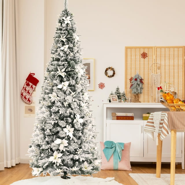 Gymax 8 FT Artificial Snow Flocked Pencil Christmas Tree w/ White Berries & Flowers