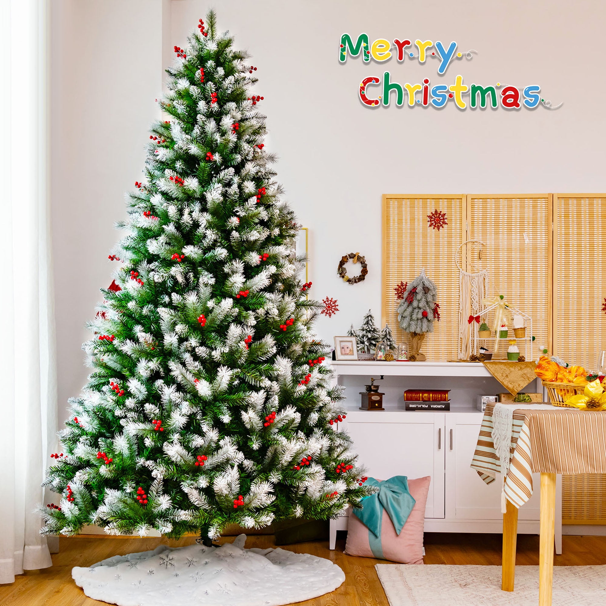 Gymax 8 FT Artificial Snowy Christmas Tree Hinged Xmas Tree Holiday