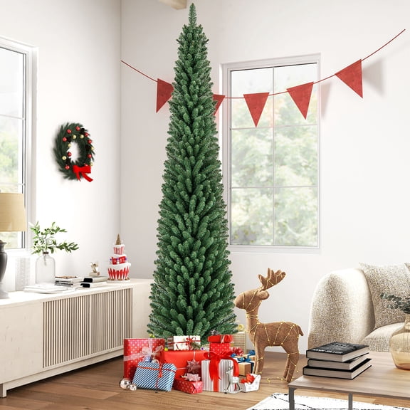 Gymax 8 FT Pencil Christmas Tree Artificial Xmas Tree w/ 671 Memory Wire Branch Tips