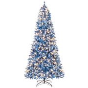Gymax 8 FT Pre-Lit Artificial Christmas Tree Blue Hinged Xmas Tree w/ 1458 Frosted PVC Branch Tips