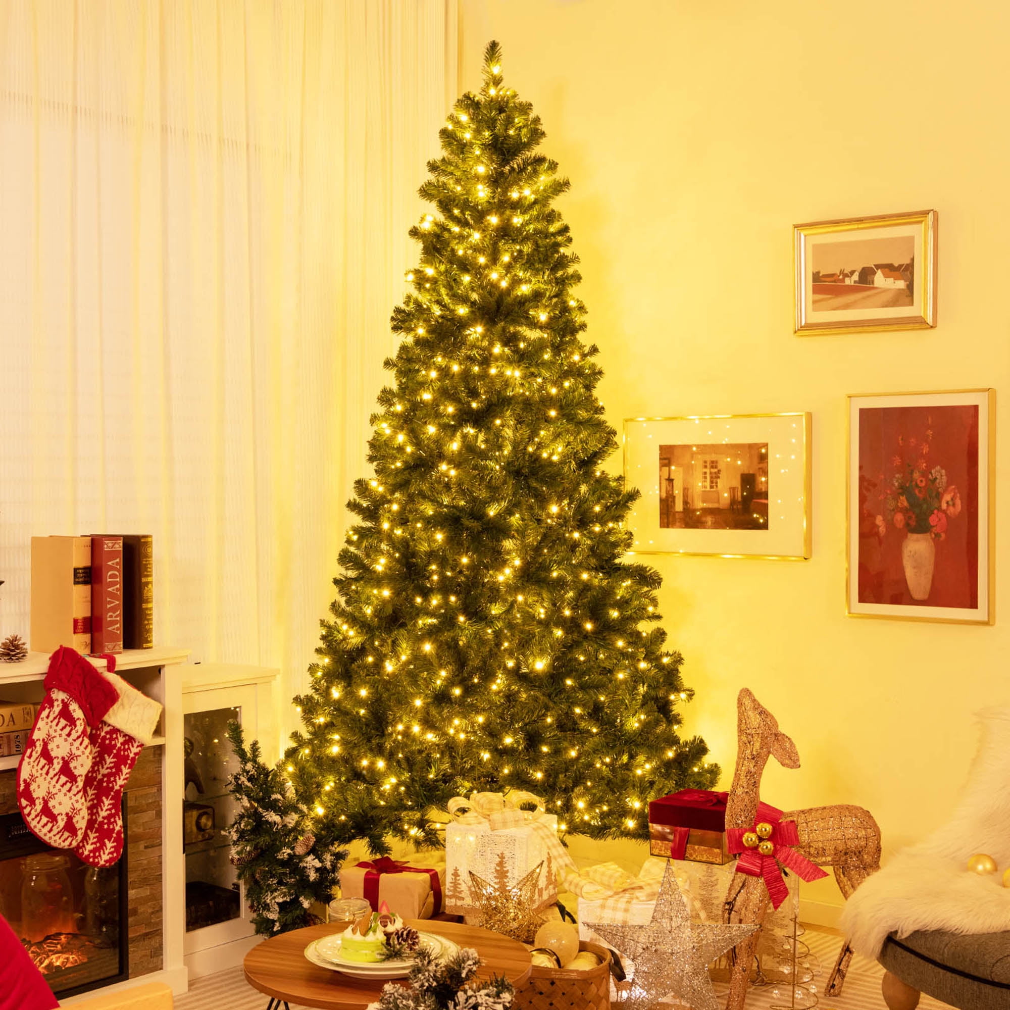 Gymax 8 FT PreLit Artificial Christmas Tree Hinged Xmas Tree w/ 1498