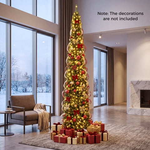 Gymax 8 FT Pre-Lit Artificial Christmas Tree Realistic Slim Pencil Xmas Tree