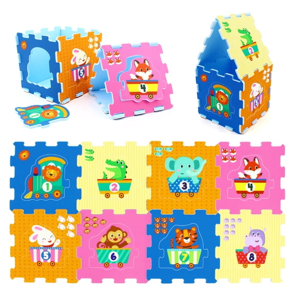Gymax 8 PCS Kids Play Mat w/Detachable Animal Train Patterns for Aged 10+ Months Old