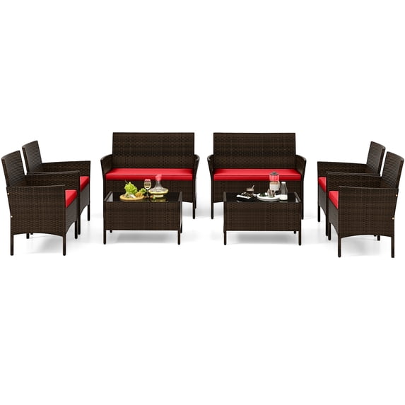 Gymax 8 Piece Patio Rattan Conversation Set Wicker Furniture Set w/ Chair Outdoor Red Cushion
