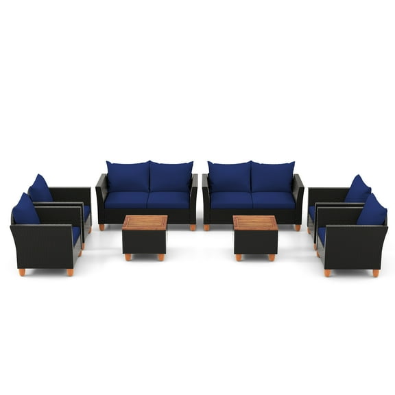 Gymax 8 PCS Wicker Patio Furniture Set w/ Removable Cushions Storage Coffee Table Navy