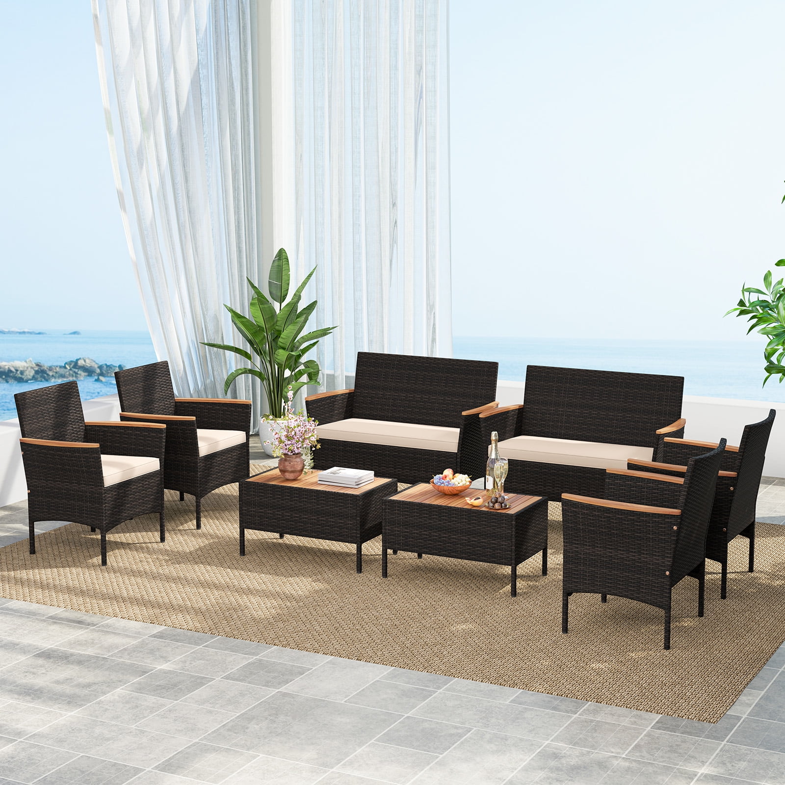 Gymax 8 Piece Outdoor Patio Rattan Furniture Set Rattan Conversation Set w/ Chairs & Loveseat