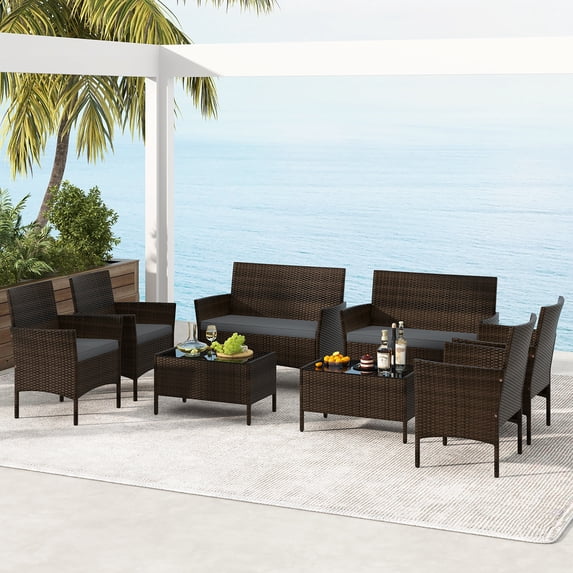 Gymax 8 Piece Patio Rattan Conversation Set Outdoor Wicker Furniture Set w/ Chair & Loveseat