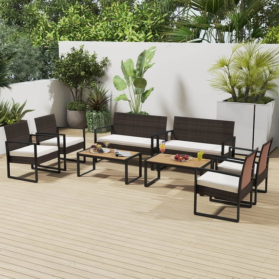 Gymax 8 Pieces Patio Furniture Set PE Rattan Porch Chairs w/ Loveseat & Coffee Table