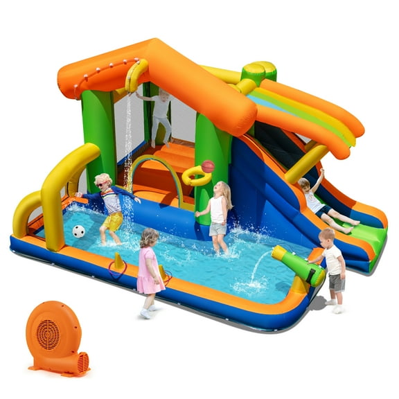 Gymax 8-in-1 Inflatable Bounce House Water Park w/Slide Water Cannon w/ 520W Blower