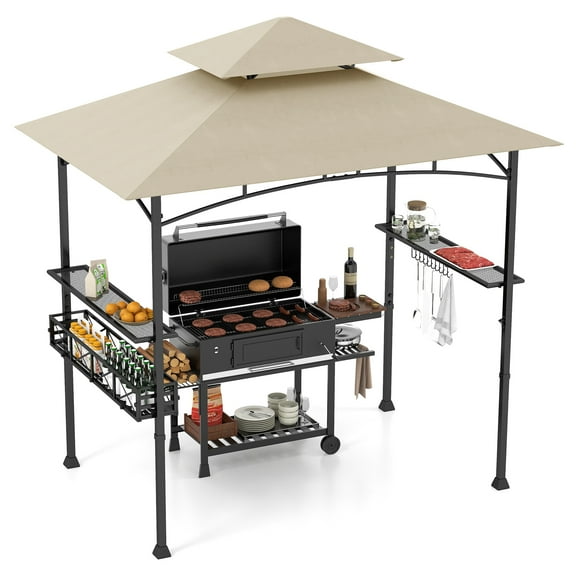 Gymax 8 x 5 FT BBQ Grill Gazebo w/ 2 Side Shelves Storage Basket Hanging Hooks Outdoor Beige & Black