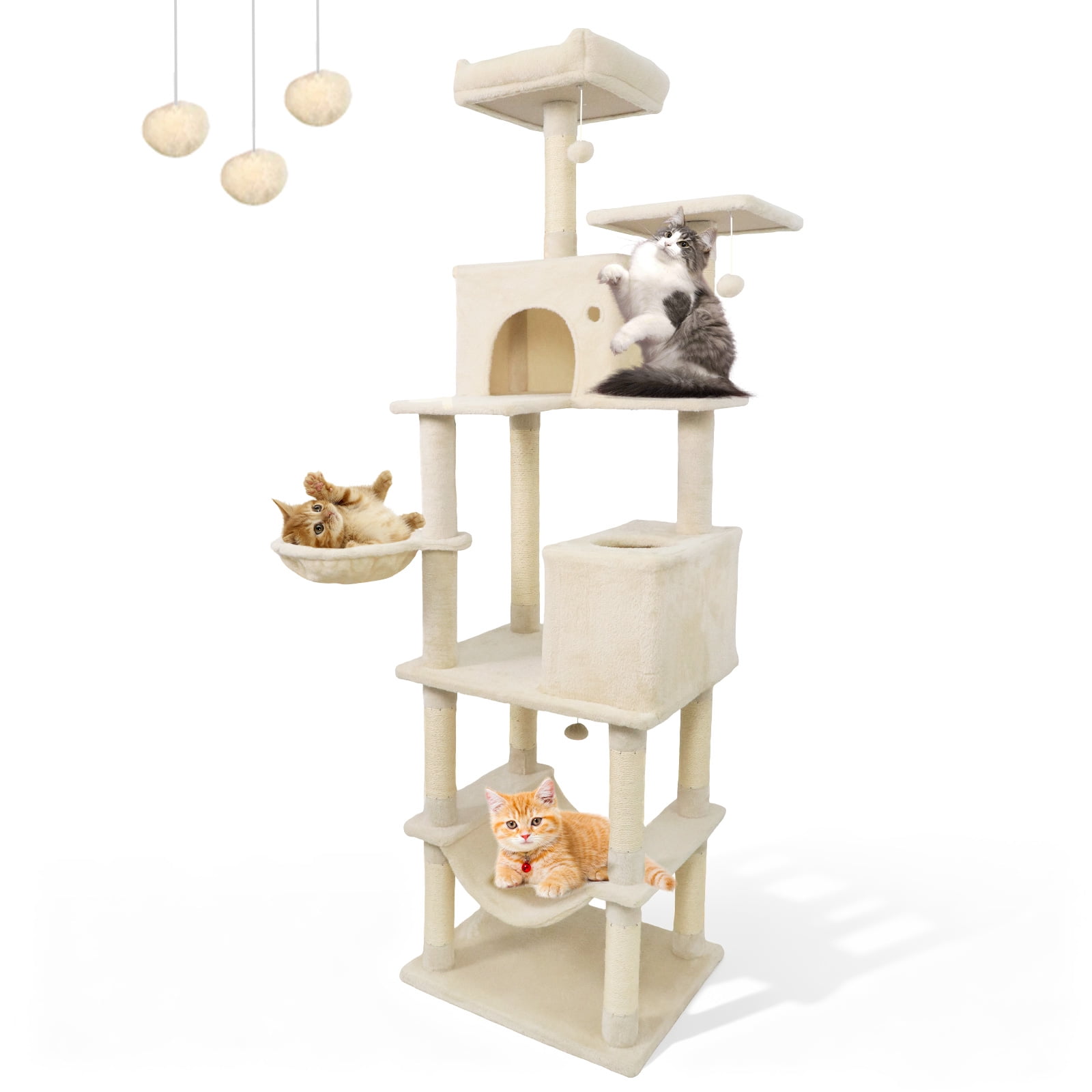 Gymax 80'' Tall Cat Tree w/2 Condos Sisal Scratching Posts Plush Perch Hammock Basket Beige