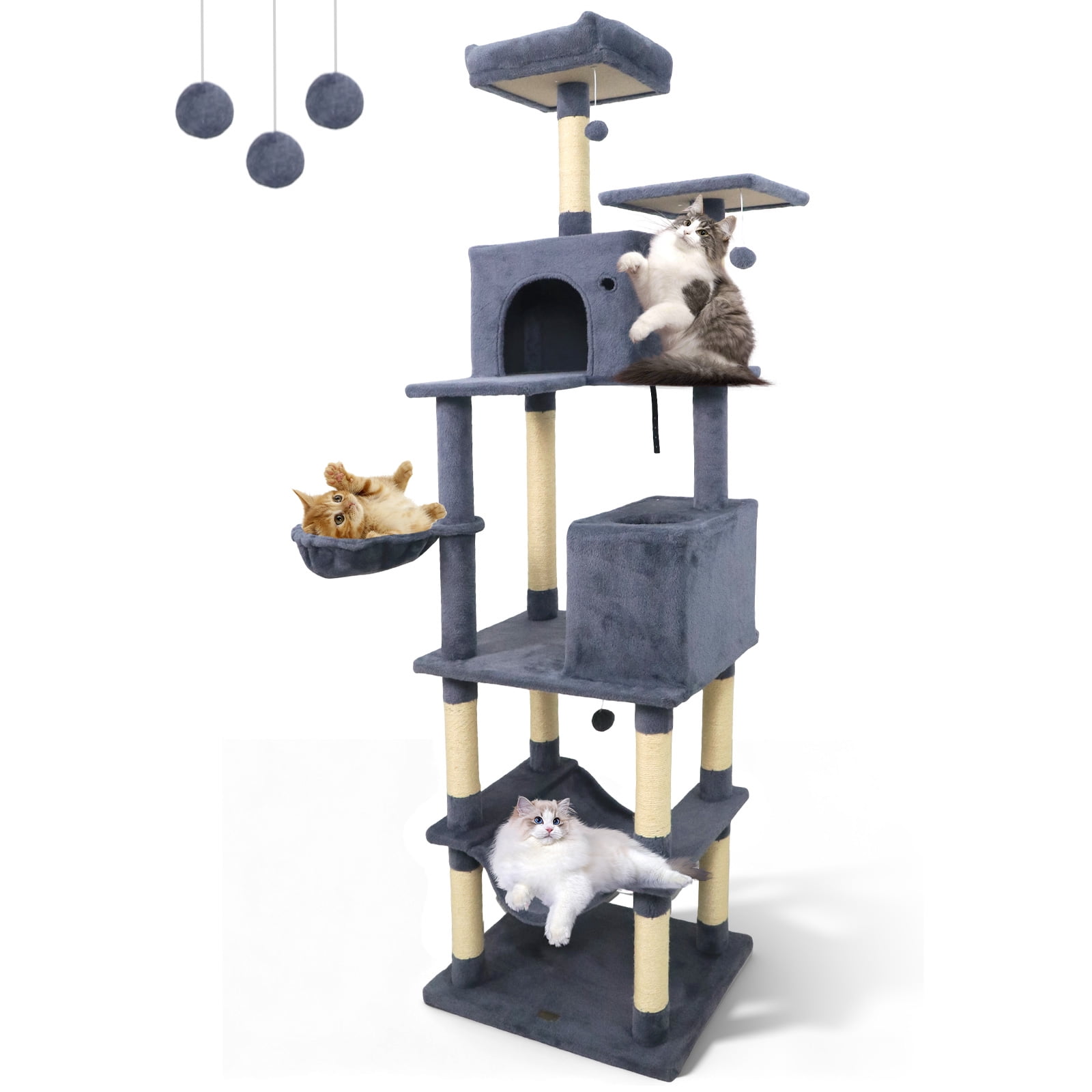 Gymax 80'' Tall Cat Tree w/2 Condos Sisal Scratching Posts Plush Perch Hammock Basket Dark Gray