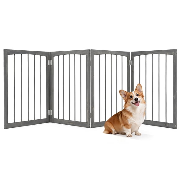 Gymax 83'' L x 30'' H Dog Gate 4-Panel Wooden Pet Fence for Indoor Stairs Doorway Gray