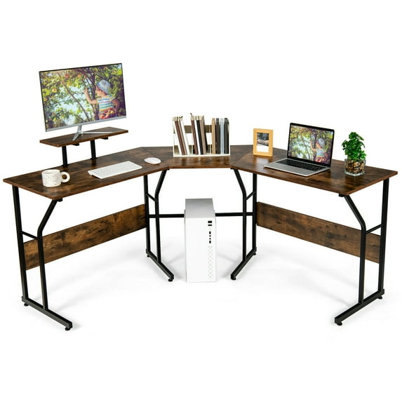 Gymax 88.5'' L Shaped Reversible Computer Desk 2 Person Long Table Monitor Stand Rustic