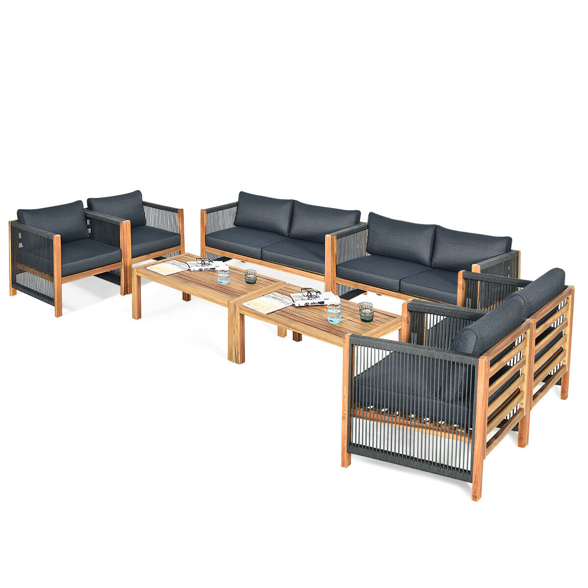 Gymax 8PCS Acacia Wood Outdoor Patio Furniture Set Cushioned Sofa W/Nylon Rope Armrest - image 1 of 9