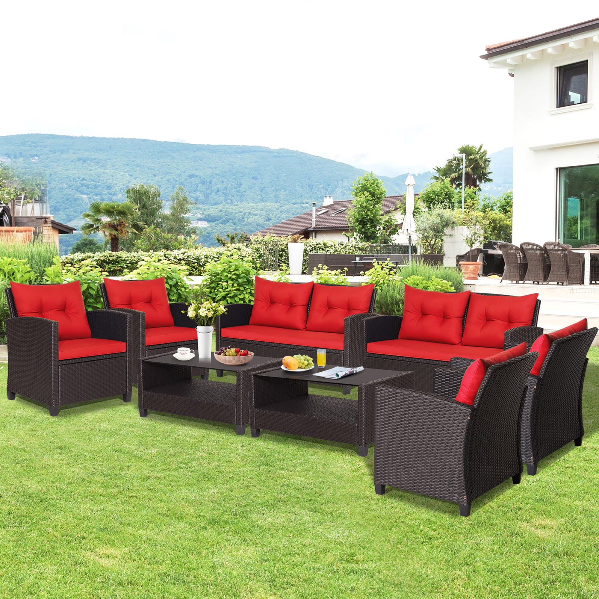 Red and Brown 8-Piece PE Rattan Outdoor Sofa Set with Cushions