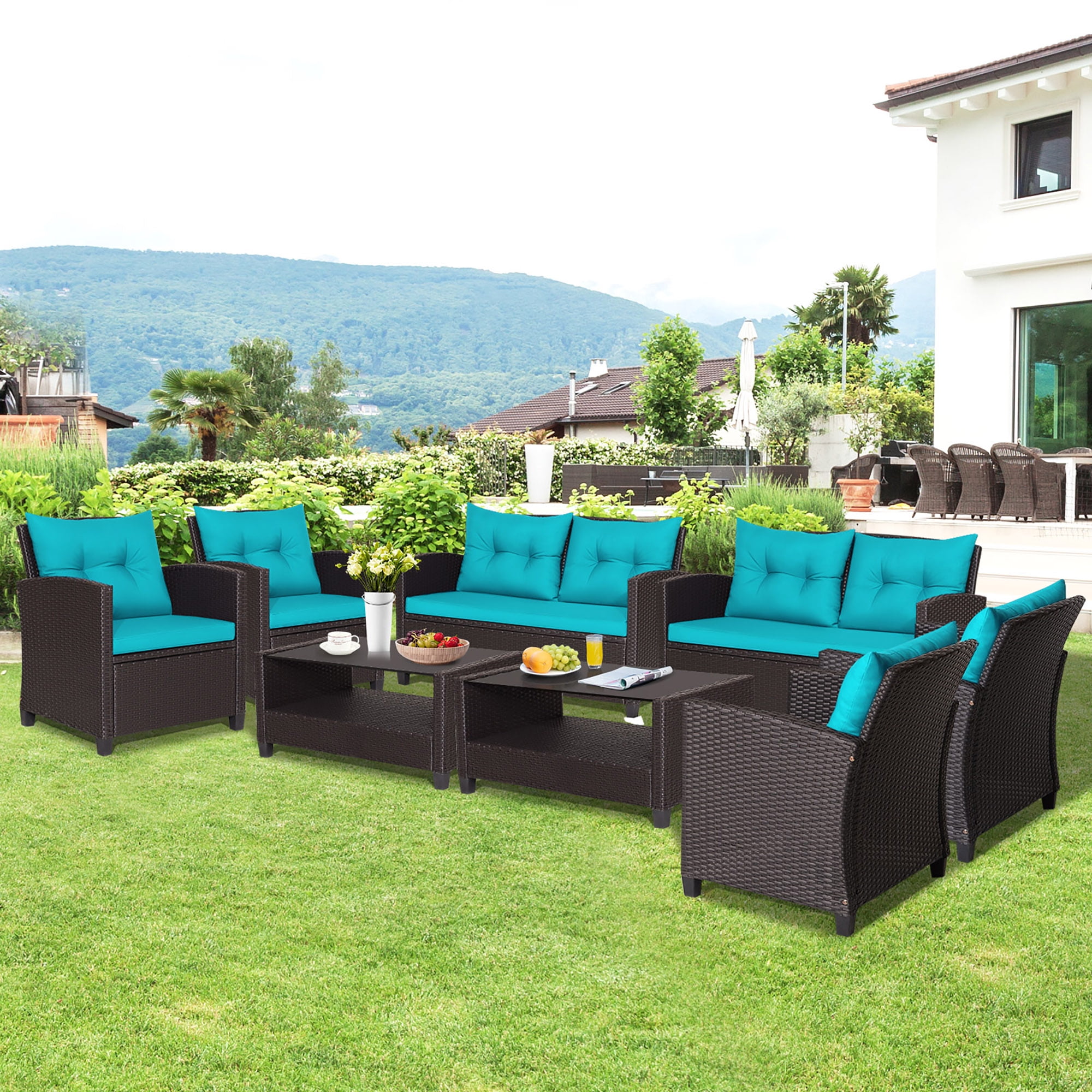 Gymax 8PCS Outdoor Conversation Set Patio PE Rattan Set w/ Glass Table