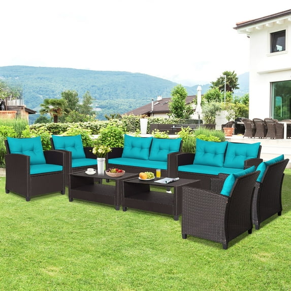 Gymax 8PCS Outdoor Conversation Set Patio PE Rattan Set w/ Glass Table & Sofa Cushions Turquoise