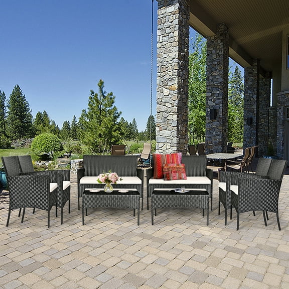 Gymax 8PCS Outdoor Furniture Set Patio Rattan Conversation Set w/ Beige Cushion