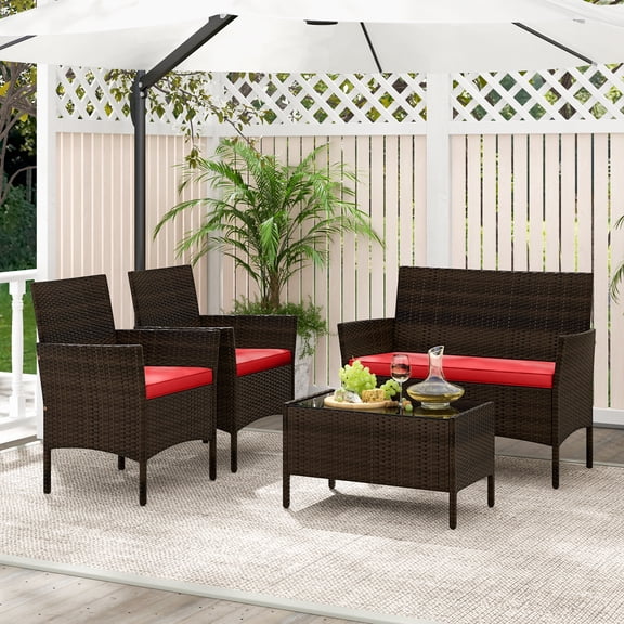 Gymax Set of 4 Patio Rattan Conversation Set Outdoor Wicker Furniture Set w/ Chair Red