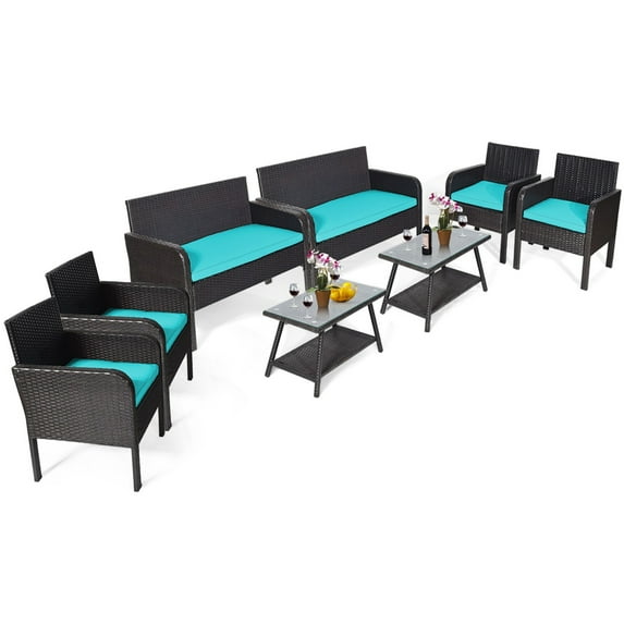 Gymax 8PCS Outdoor Rattan Furniture Set Patio Conversation Set w/ Turquoise Cushion