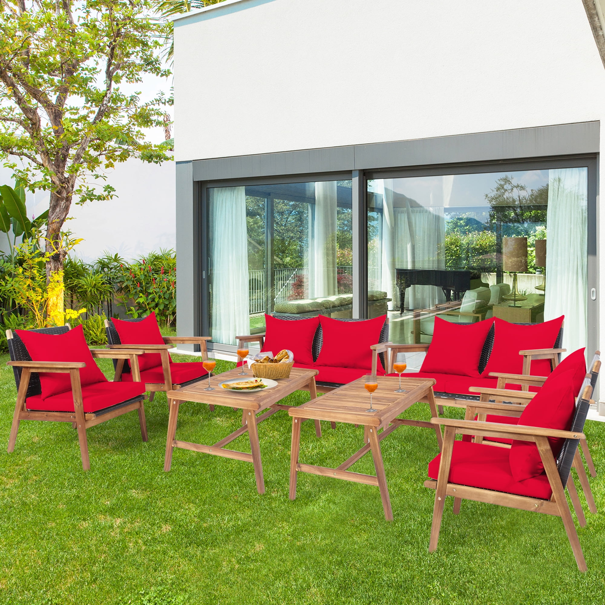 Gymax 8PCS Patio Conversation Set Wood Frame Furniture Set w/ Red Cushions