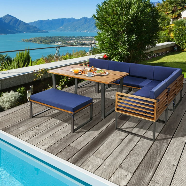 Gymax 8PCS Outdoor Patio Dining Set, Acacia Wood L Sectional Sofa