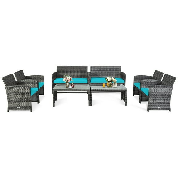 Gymax 8PCS Patio Outdoor Rattan Conversation Furniture Set w/ Turquoise Cushion