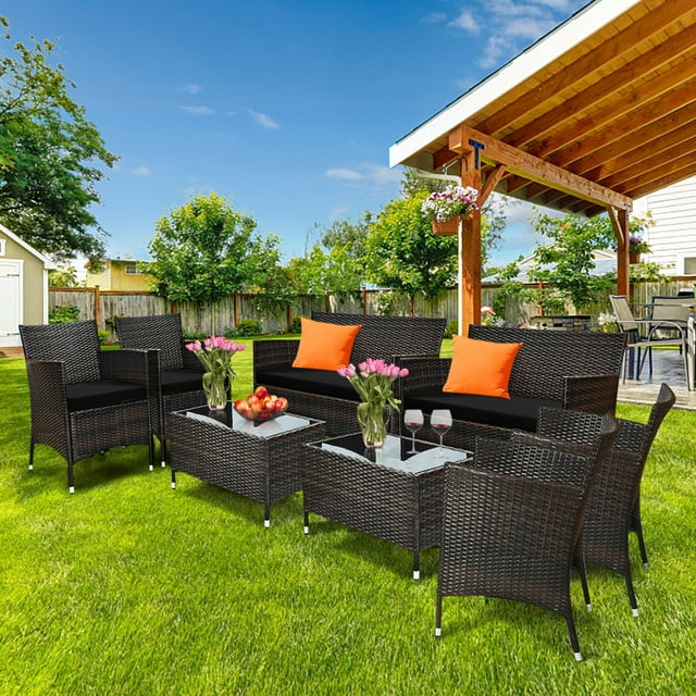 Gymax 8PCS Patio Rattan Conversation Furniture Set Outdoor w/ Black