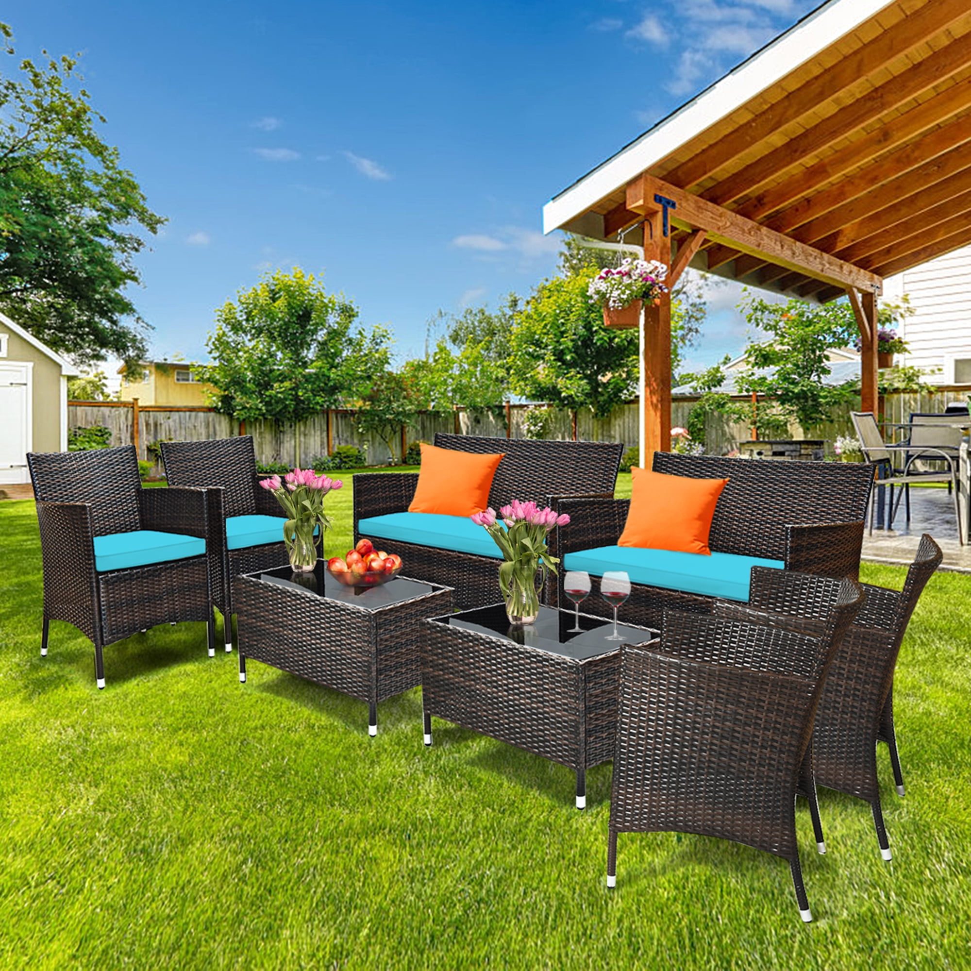Gymax 8PCS Patio Rattan Conversation Furniture Set Outdoor w/ Turquoise Cushion