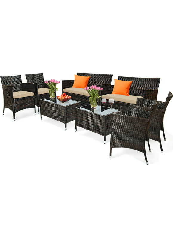 Gymax 8PCS Patio Rattan Outdoor Furniture Set w/ Cushioned Chair Loveseat Table
