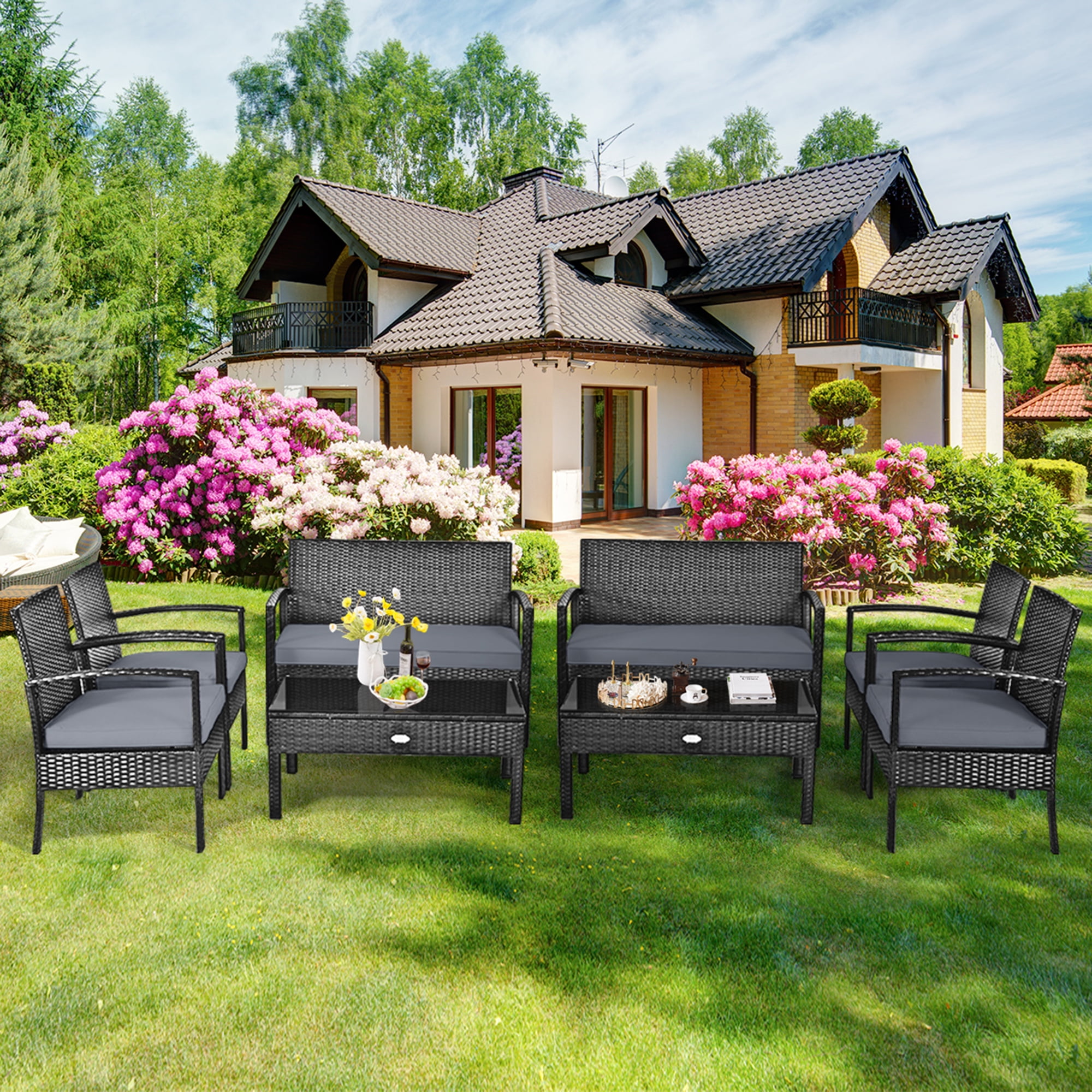 8-Piece Black PE Rattan Patio Conversation Set with Cushions