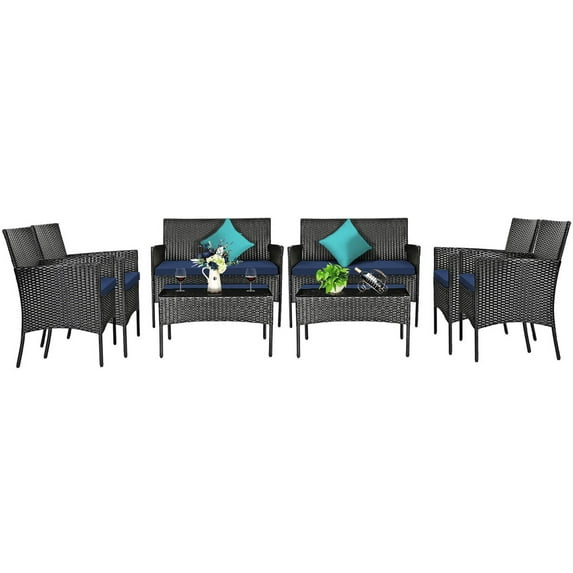 Gymax 8PCS Rattan Furniture Set Cushioned Sofa Coffee Table Backyard Porch Patio Navy