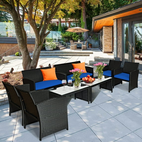 Gymax 8PCS Rattan Outdoor Conversation Set Patio Furniture Set w/ Navy Cushions